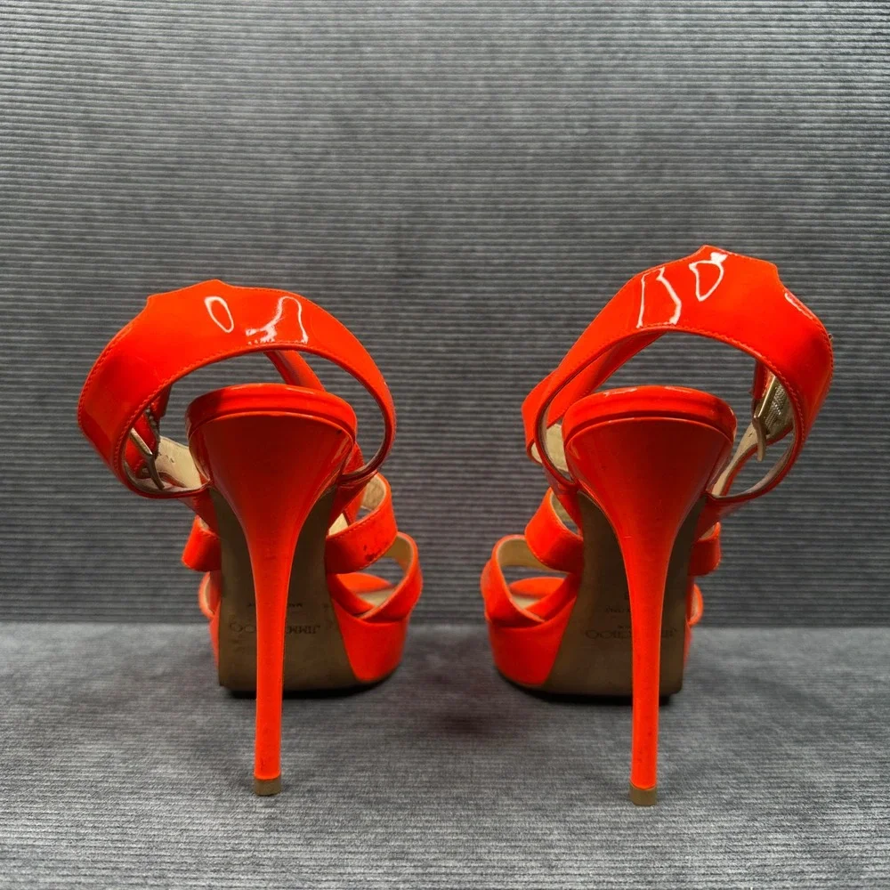 Jimmy Choo‎ Vamp Neon Orange Patent Leather Platform Sandals Stiletto Heels 38
